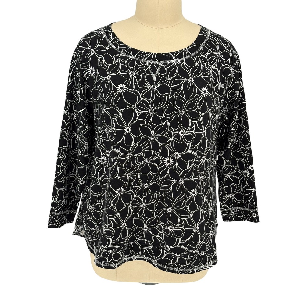 T by Talbots Top Black White Floral UPF 50+ Raglan Sleeve 2X
